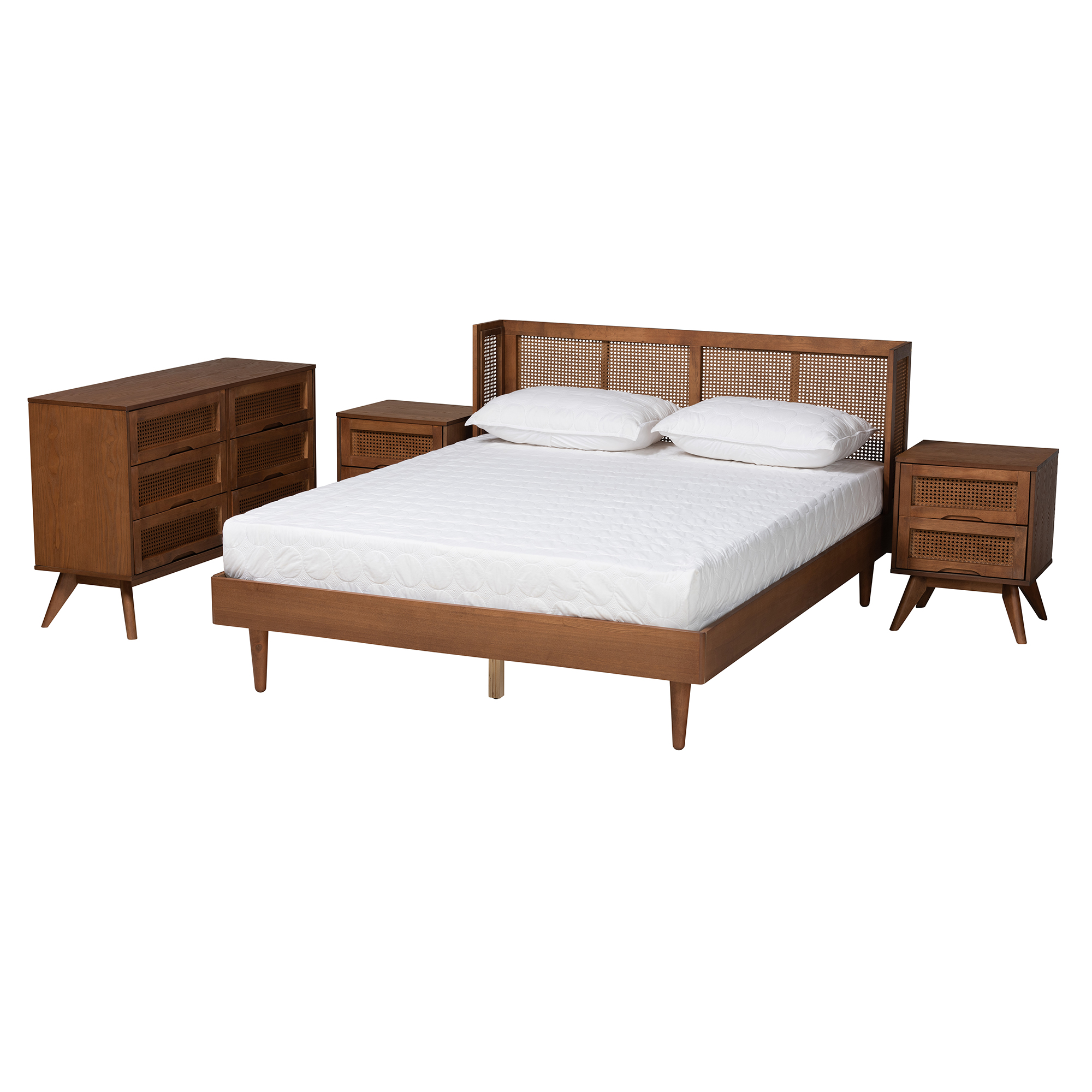Baxton Studio Rina Mid-Century Modern Ash Walnut Finished Wood 4-Piece King Size Bedroom Set with Synthetic Rattan
